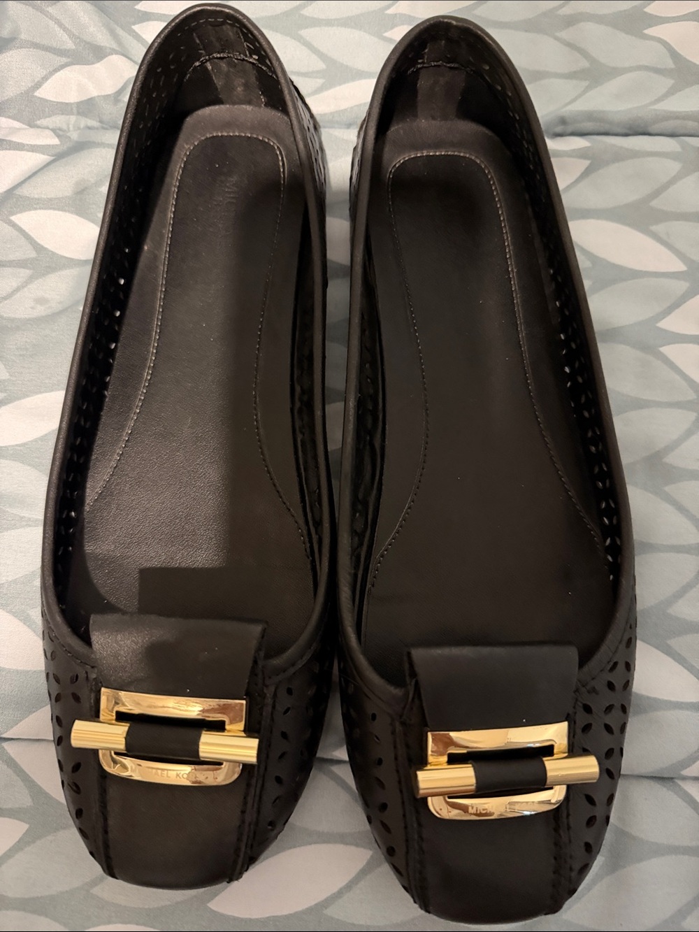 Michael Kors Black Leather Ballet Flats with Gold Buckle